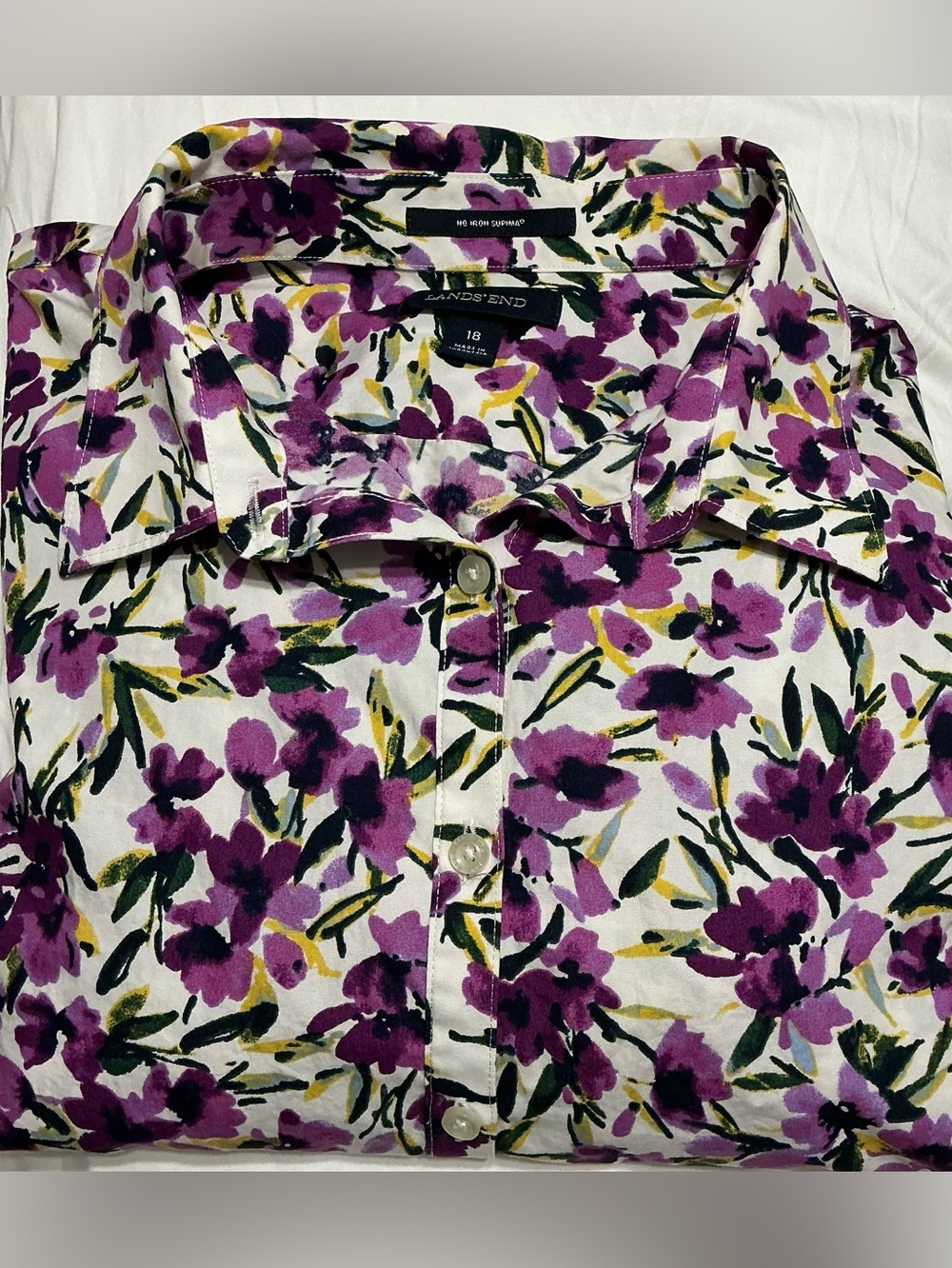 Lands' End Plus Sized Supima Cotton Purple Floral Button-Up Shirt - Picture 6 of 6
